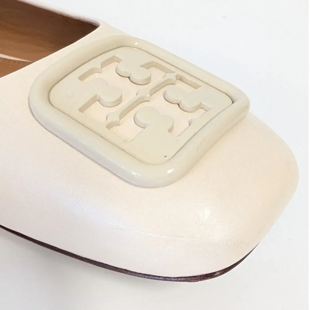 Tory Burch Georgia Ballet Flat Womens 9C Cream Leather Logo Square Toe